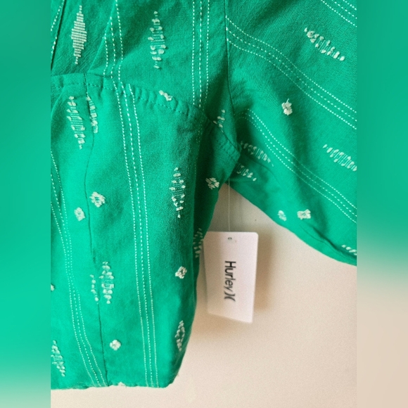 HURLEY Set Crop Top Blouse Puff Sleeve Mini Skirt Cotton Green Size L - Picture 5 of 11